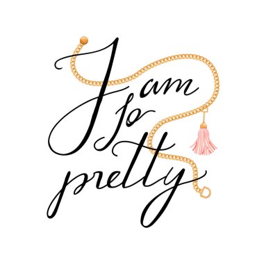 Sloganı, altın zincir ve püskül ile Trendy t-shirt baskı.