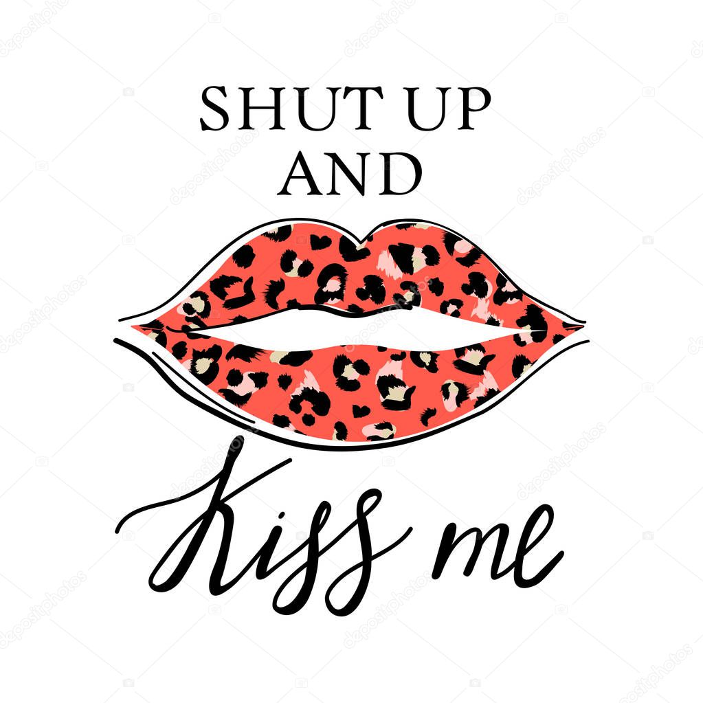 Fashion t-shirt print with slogan and kiss with leopard lipstick for t shirt. Stylish woman lips. Trendy typography slogan design 