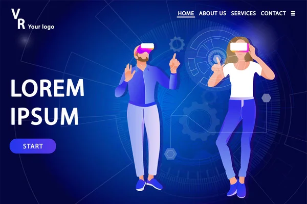 Hombre y mujer en gafas de realidad virtual sobre una tecnología abstracta Fondo . — Vector de stock