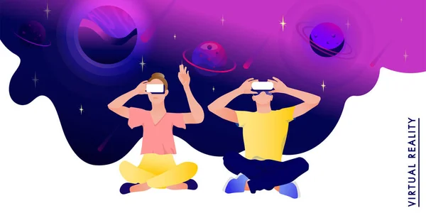 Couple en réalité virtuelle lunettes sur un espace abstrait Fond . — Image vectorielle