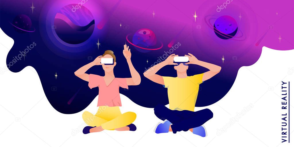 Couple in virtual reality glasses on a space abstract Background.