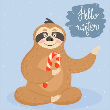 Yılbaşı ve mutlu yeni yıl kartı ile tembel. Şeker kamışı ile sevimli tembel tembellik.