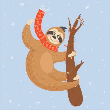 Yılbaşı ve mutlu yeni yıl kartı ile tembel. Bir şube üzerinde asılı sevimli tembel tembellik.