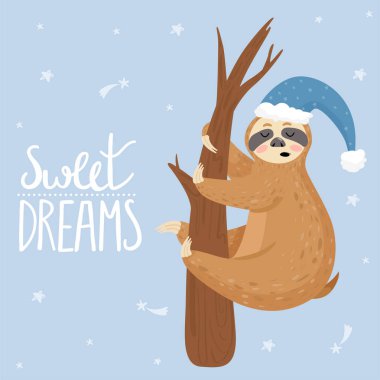 Hayvan tembelliği bir dalda tutuyor. Sevimli karikatür tembel uyku. Hayvan giyen nightcap.