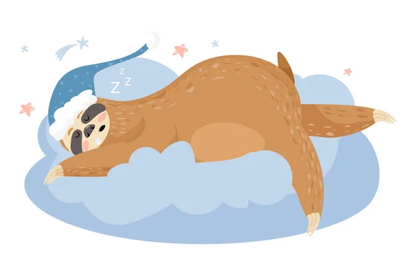 Lindo perezoso de dibujos animados durmiendo en una nube. Animales que usan gorra . — Vector de stock