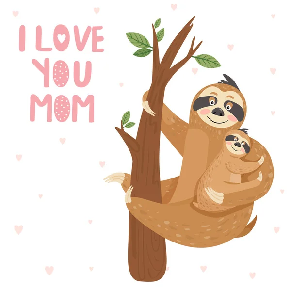 Cartões do Dia da Mãe Feliz. Mãe preguiça com bebê pendurado no ramo . — Vetor de Stock