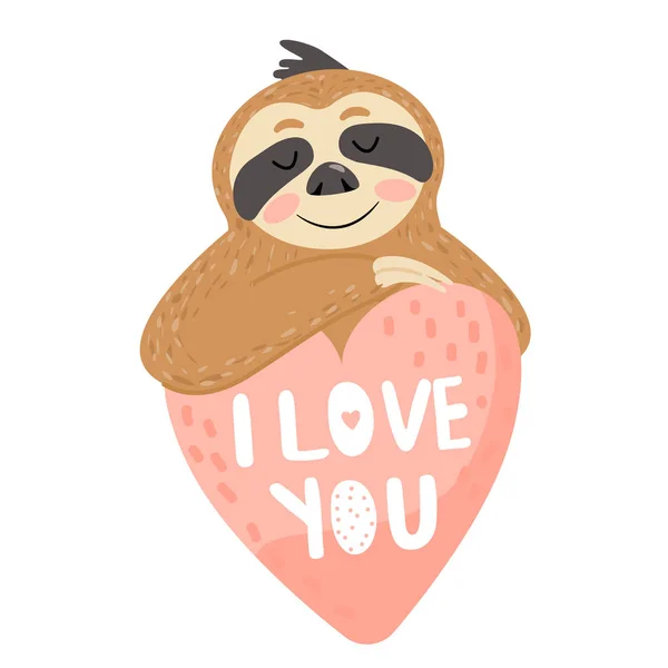 Tarjeta de San Valentín con pereza enamorada. Animal sentado en una taza y soñando . — Vector de stock