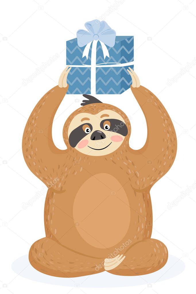 Greeting card with sloth. Cute lazy sloth with gift.