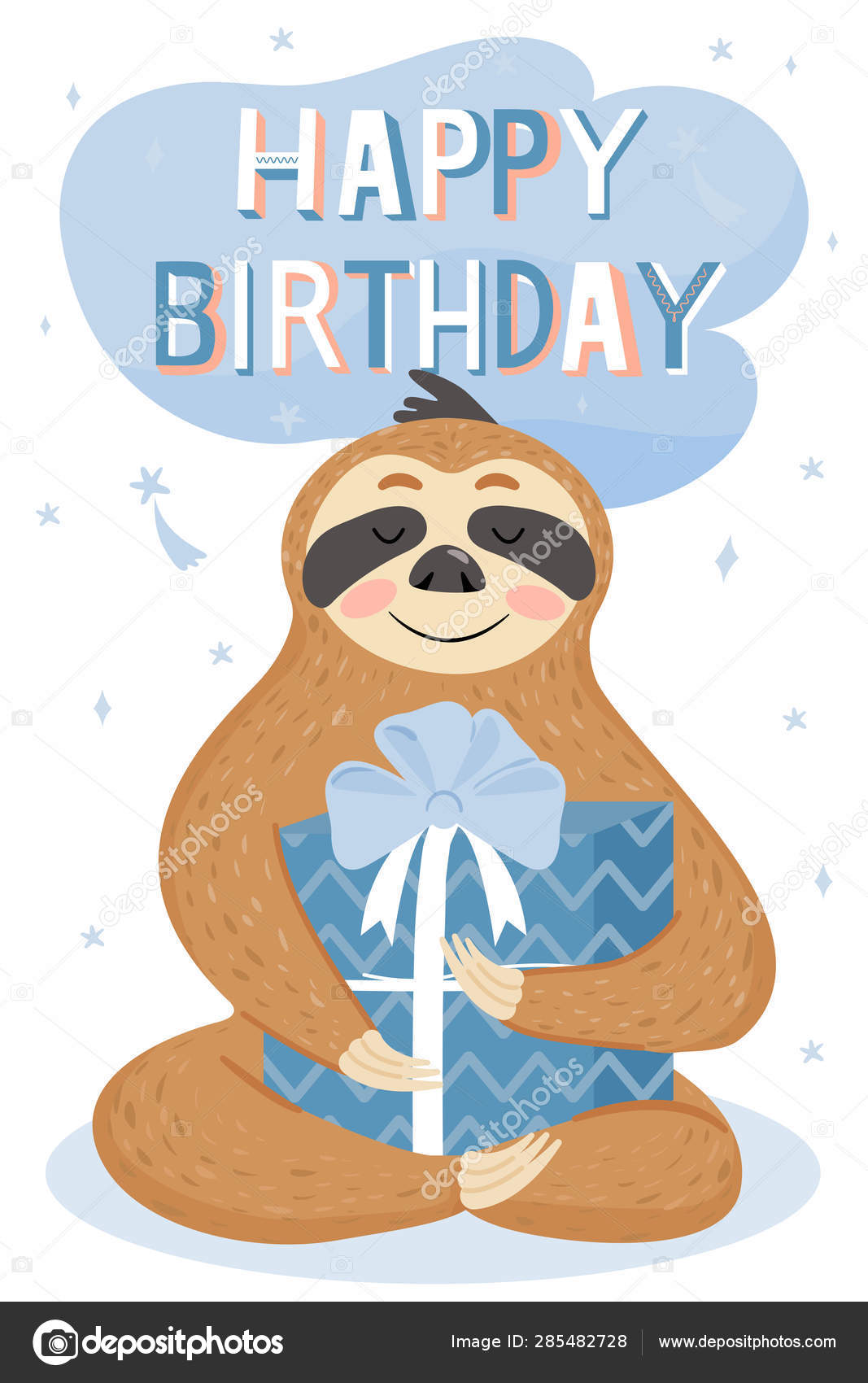 Cute Happy Birthday Card With Sloth Cute Lazy Sloth With Gift Stock Vector Royalty Free Vector Image By C Cocoart Ua 285482728
