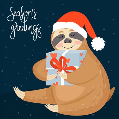 Yılbaşı ve mutlu yeni yıl kartı ile tembel. Hediye ile sevimli tembel tembellik.