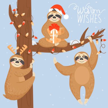 Tembel ayılar ile Noel ve Happy New Year kartı.