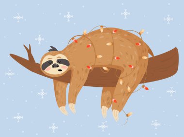 Tembel likli Noel ve Mutlu Yıllar kartı. Sevimli tembel tembel bir dal üzerinde uyku.
