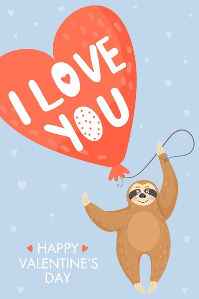 Carte de Saint Valentin avec paresseux amoureux. Sloth tenant grand ballon en forme de coeur . — Image vectorielle