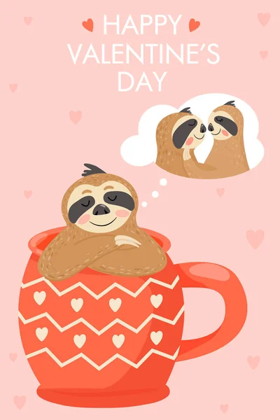 Carte de Saint Valentin avec paresseux amoureux. Animal assis dans une tasse et rêvant . — Image vectorielle