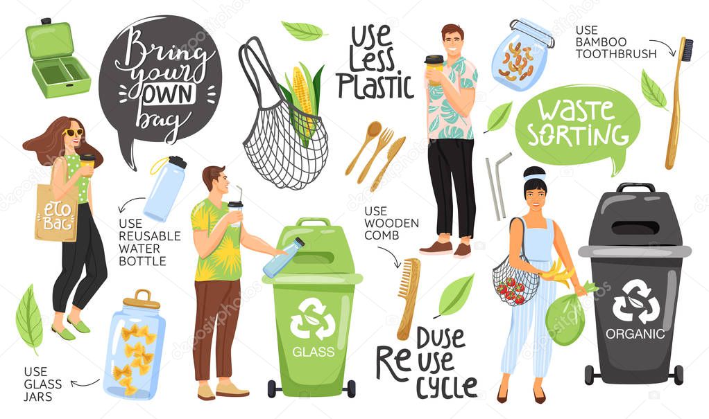 Zero waste concept set with eco objects, people and lettering. Shopping bag, container, comb, bottle, jar, toothbrush, vegetable etc. Eco life.