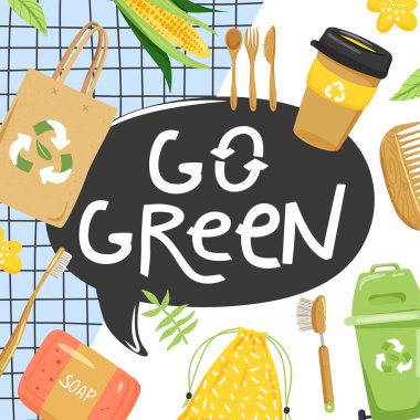 Sıfır atık kavramı. Çeşitli Eko nesneler kümesi. Şık tipografi slogan tasarım 