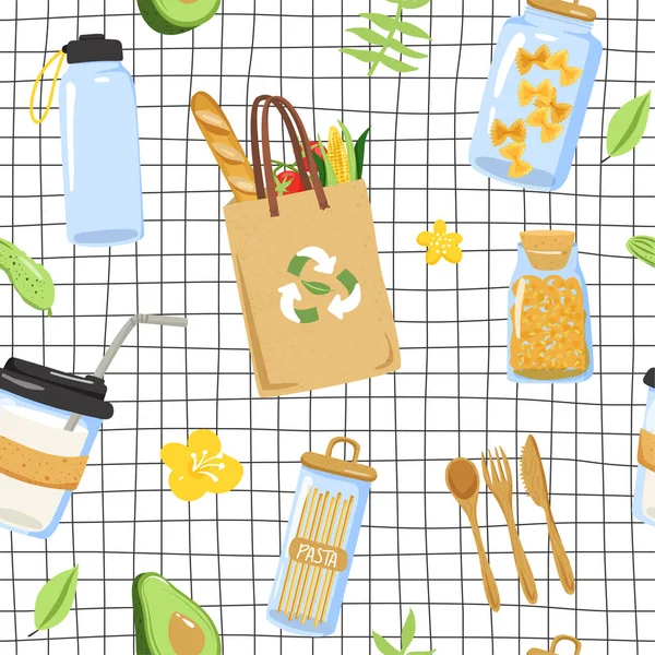 Sömlöst mönster med olika Eco-objekt. Shoppingbag, kopp, grönsak, bestick, burk etc. — Stock vektor