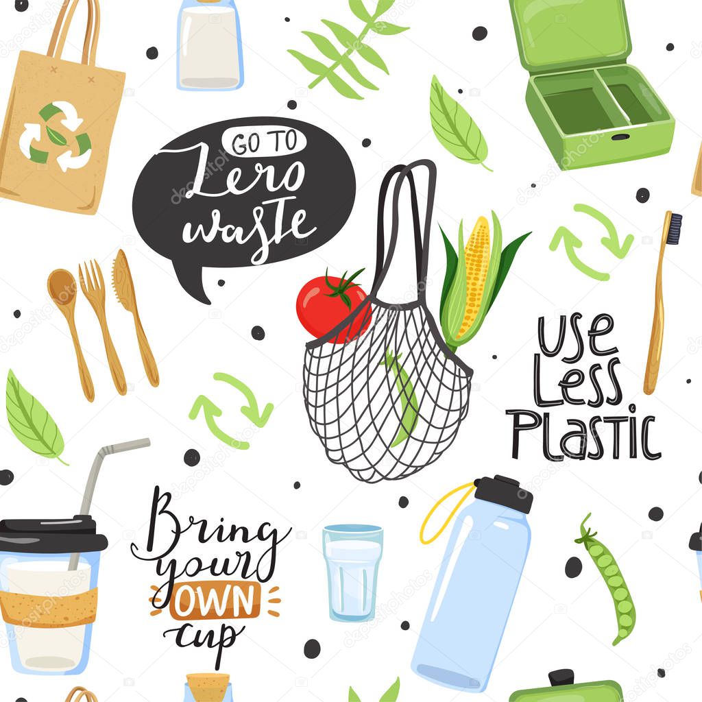 Seamless pattern with different eco objects and lettering phrases. Shopping bag, lunch box, cup, water bootle, toothbrush, cutlery, jar, vegetable etc.