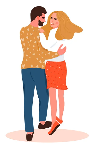 幸せなカップルとバレンタインデーカード。彼の女性を抱きしめる男. — ストックベクタ
