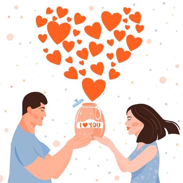 Alla hjärtans dag-kort med lyckligt par. Par med glasburk full av hjärtan blåser luft kyssar i form av ett hjärta. — Stock vektor