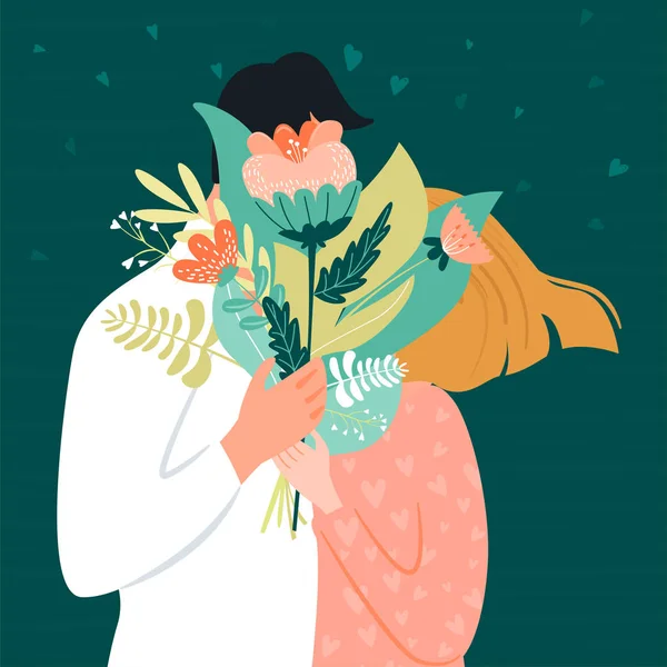 Cartão de dia dos namorados com casal feliz. Homem dando a sua mulher um buquê de flores . —  Vetores de Stock