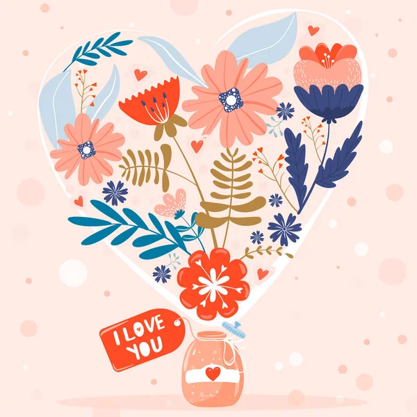 발렌타인 데이 인사말 카드입니다. lable와 유리 항아리 나는 당신을 사랑해요. 하트 모양의 꽃의 구성. — 스톡 벡터