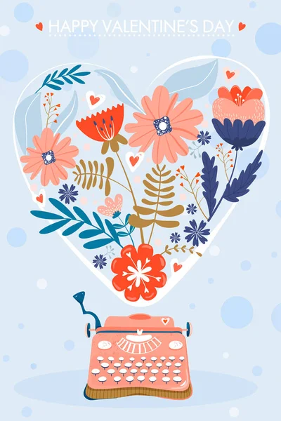 발렌타인 데이 인사말 카드입니다. 하트 모양의 꽃이 있는 타자기. — 스톡 벡터