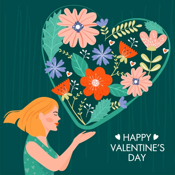 Valentinstags-Tageskarte mit glücklicher Dame. niedliches Mädchen in der Liebe weht Kuss als Komposition von Blumen in der Form eines Herzens. — Stockvektor