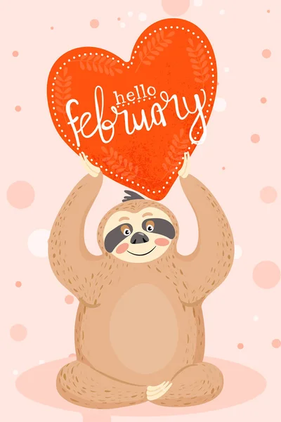 Valentines Day Card met luiaard in liefde. Schattig dier met Valentines kaart en stijlvolle belettering "Hello februari". — Stockvector