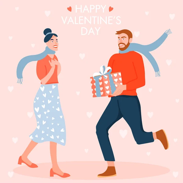 Tarjeta de San Valentín con pareja feliz. Hombre dando a su mujer una caja de regalo . — Vector de stock