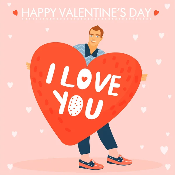 Valentin-nap üdvözlőlap. Az ember nagy szívvel rendelkezik. — Stock Vector