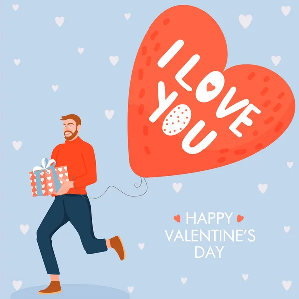 Valentin-nap üdvözlőlap. Az ember díszdobozban és nagy szívvel rendelkezik. — Stock Vector