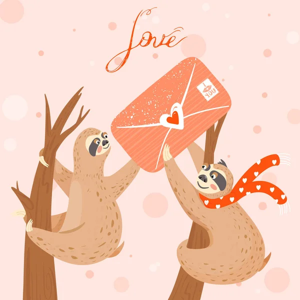 Valentines day card with sloths in love. Happy couple of animal with envelope. — Stock Vector