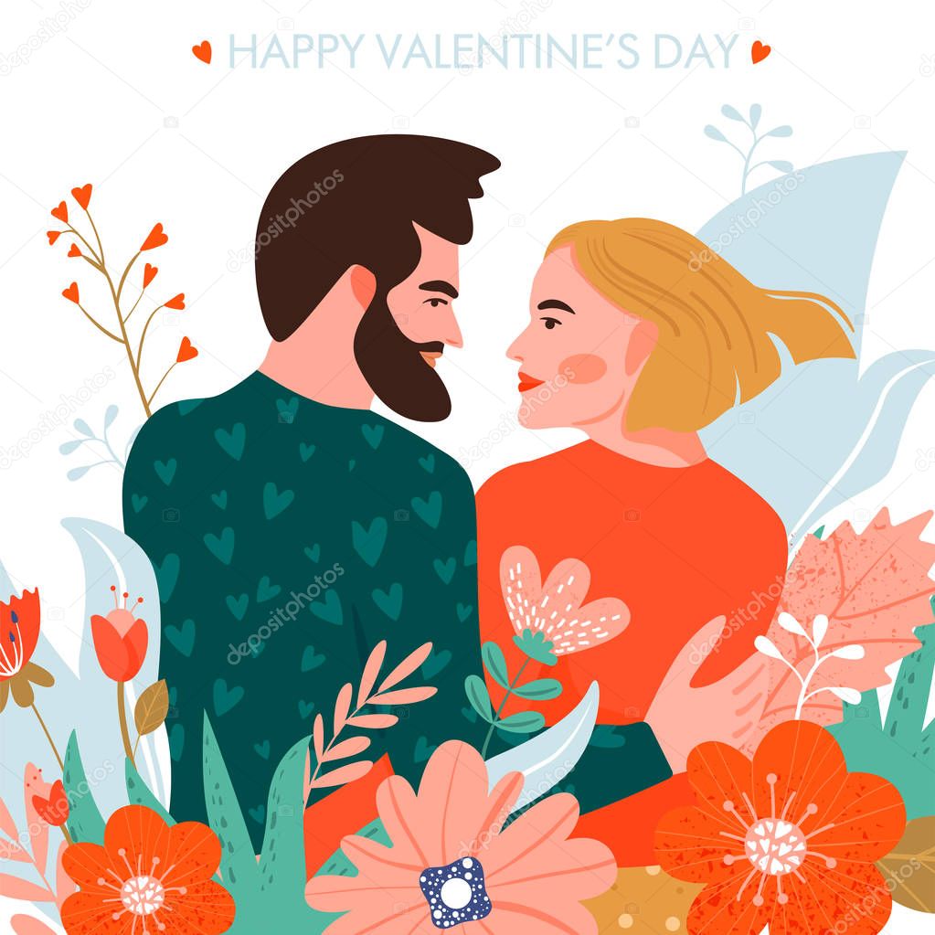 Valentines day card with happy couple. Man hugging his lady. Illustration with flowers.