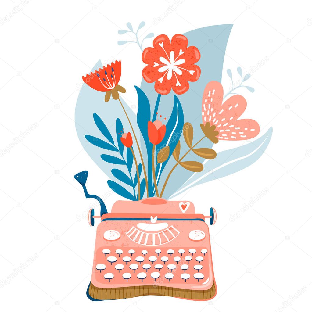 Valentines day greeting card. Typewriter with cute bouquet of flowers.