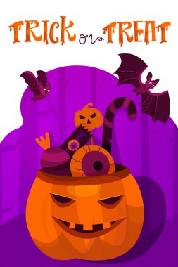 Cadılar Bayramı tatil tebrik kartı. Kabak ve daha cadılar bayramı şekerleri ile Halloween vektör kompozisyon.