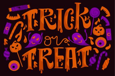 Cadılar Bayramı vektör illüstrasyon. Hayalet, balkabağı, tatlı ve yazı ile Poster.