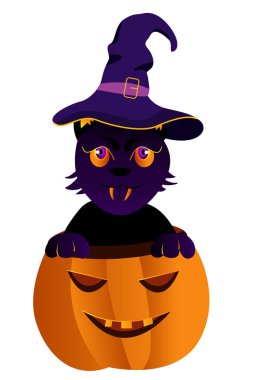 Sihirli şapkalı kedi ile Cadılar Bayramı tatil tebrik kartı. ve balkabağı.