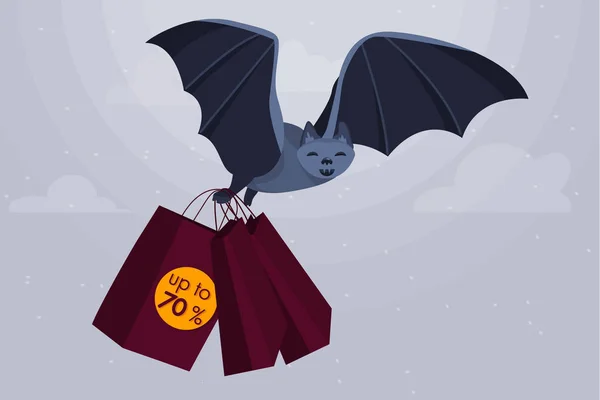 Satış vektör illüstrasyon. Yarasa ve satış çantaları ile Halloween Sale vektör afiş. — Stok Vektör