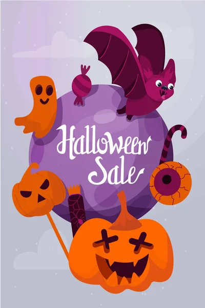 Halloween holiday greeting card. Halloween Sale vector composition with bat, pumpkin; ghost and halloween sweets.