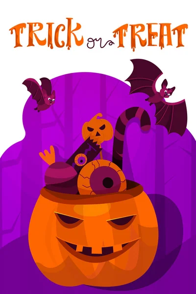 Halloween holiday greeting card. Halloween  vector composition with pumpkin and more halloween candys.