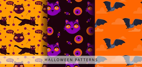 Conjunto de Halloween sem costura padrão. gatos, morcegos e doces de Halloween . — Vetor de Stock