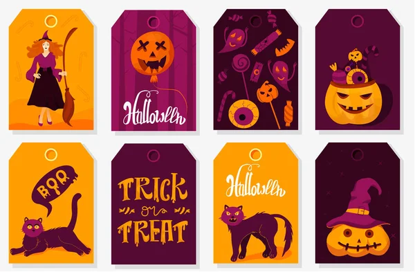 Cadılar Bayramı partisi için ayarlanmış kartpostallar. Karikatür halloween illüstrasyon.