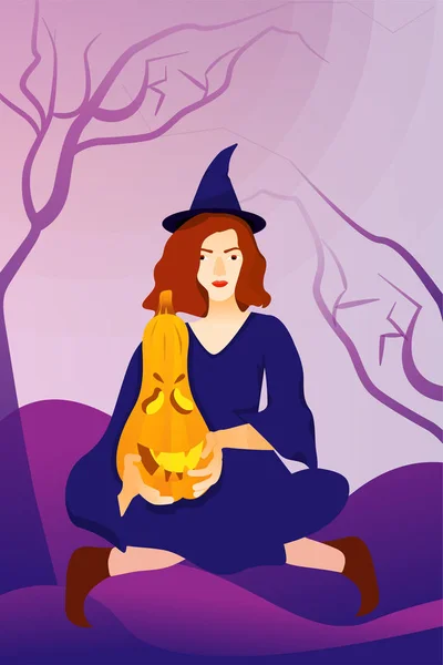 Halloween holiday greeting card with witch and pumpkin.