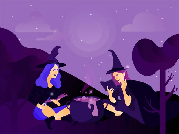 Halloween holiday greeting card. Young witches cooks a magical potion at dark wood.