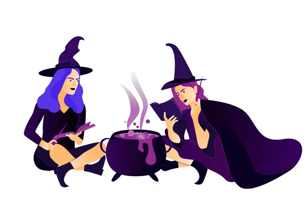 Halloween holiday greeting card. Young witches cooks a magical potion. — Stock Vector