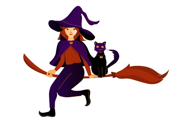 Halloween-Grußkarte mit Hexe und Katze. Hexe mit Katze fliegt auf den Besen. — Stockvektor