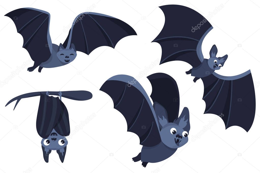 Set of cartoon Halloween bats. Collection set. Design for Halloween party decoration. Vector illustration. Trick or Treat Concept.
