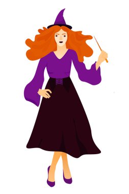 Webhalloween tatil tebrik kartı. Beyaz arka planda sihirli değnek ile genç cadı.