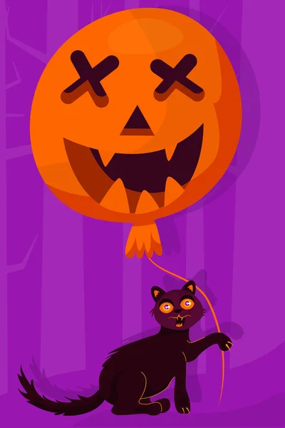 Halloween-Grußkarte mit Katze und Ballon-Kürbis. — Stockvektor